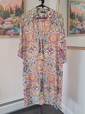 EUC APNY Long Sleeve Button Down Abstract Print Dress Women's Size M